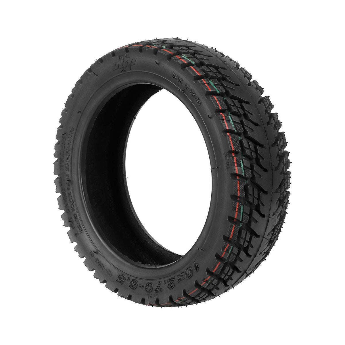 Pneu tubeless tout-terrain 10 pouces noir pour trottinette électrique présenté de trois-quarts
