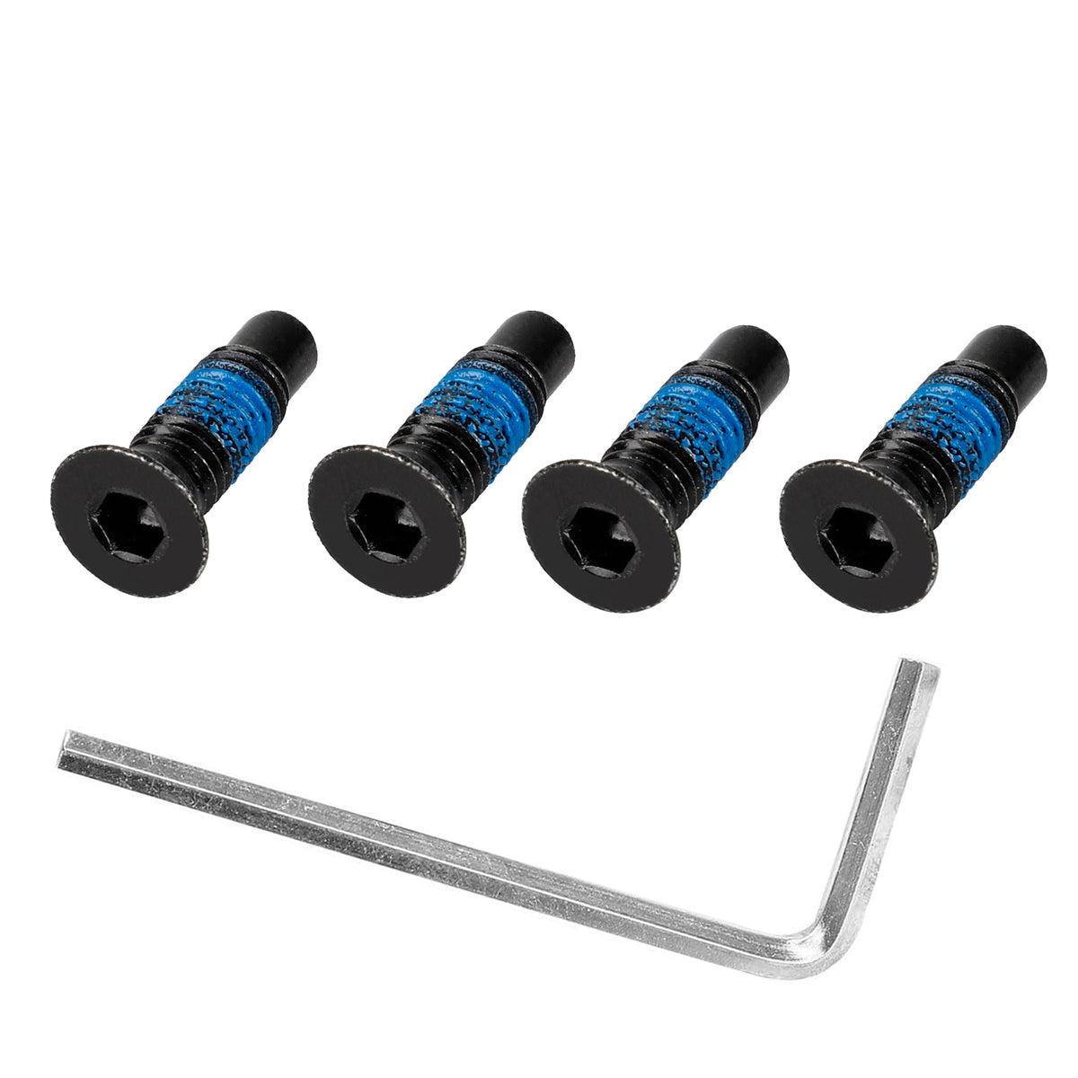 Lot de 4 vis longues noires pour potence avec clé Allen sur fond blanc