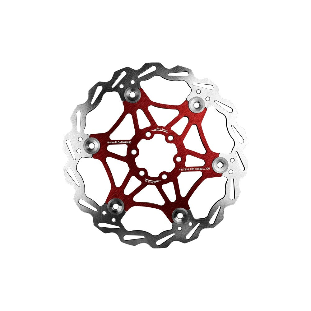 Disque de frein flottant 180 mm rouge à 6 trous vu de face