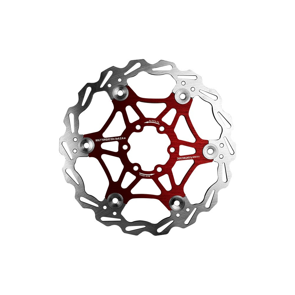 Disque de frein flottant de 180 mm avec centre rouge et contour en acier vu de face