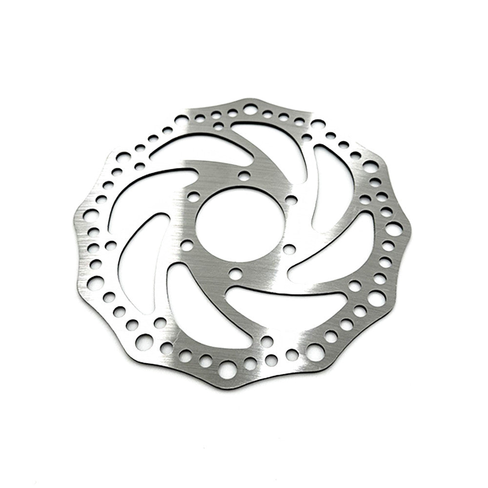 Disque de frein argenté de 140 mm à 6 trous pour trottinette électrique vu de face