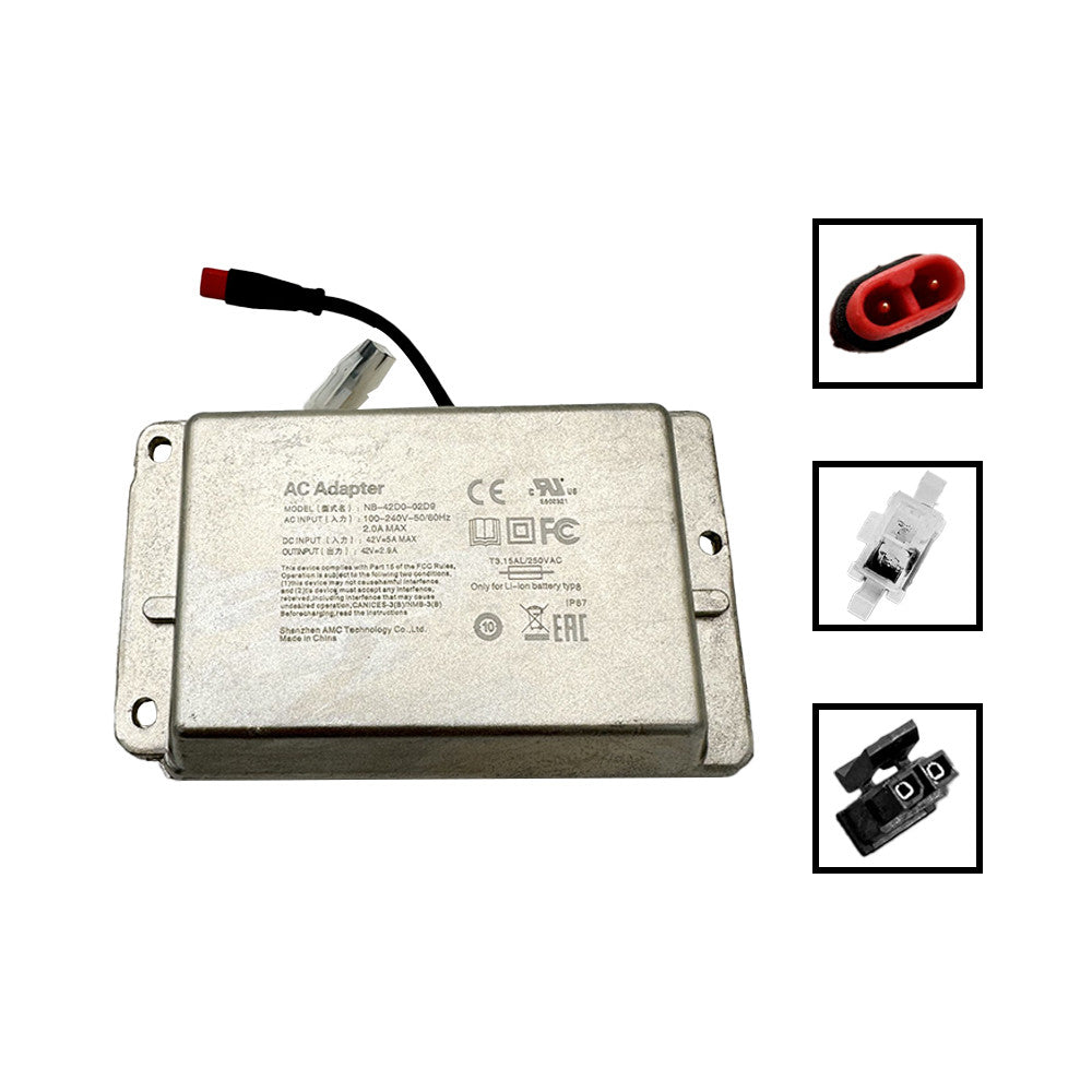 Chargeur interne métallique rectangulaire avec câbles et connecteurs pour trottinette électrique