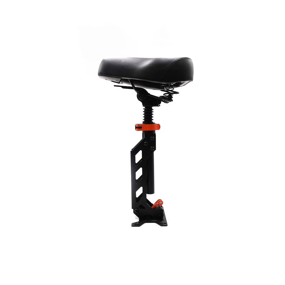 Selle noire avec tige de selle et support de fixation vue de profil sur fond blanc