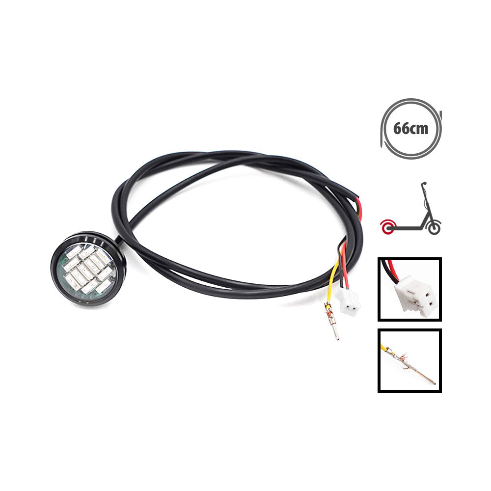 Feu arrière LED rond relié à un câble électrique noir avec connecteurs