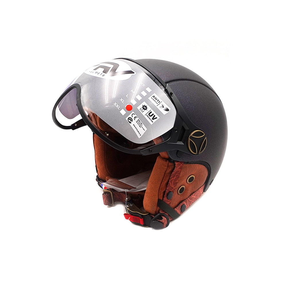 Casque jet vert mat caméléon avec visière transparente relevée et mousse intérieure marron