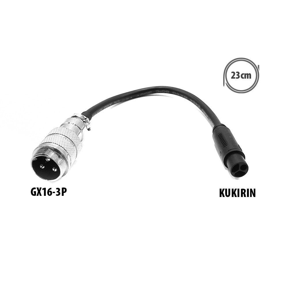 Câble adaptateur de chargeur GX16-3P vers Kukirin de 23 cm sur fond blanc.