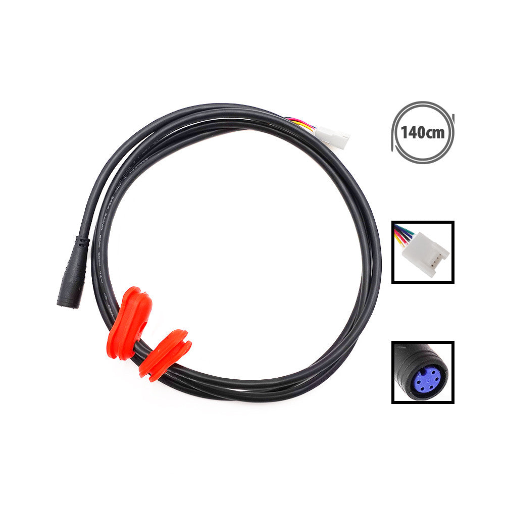 Câble data noir de 140 cm pour trottinette électrique avec passe-câble rouge et détails des connecteurs