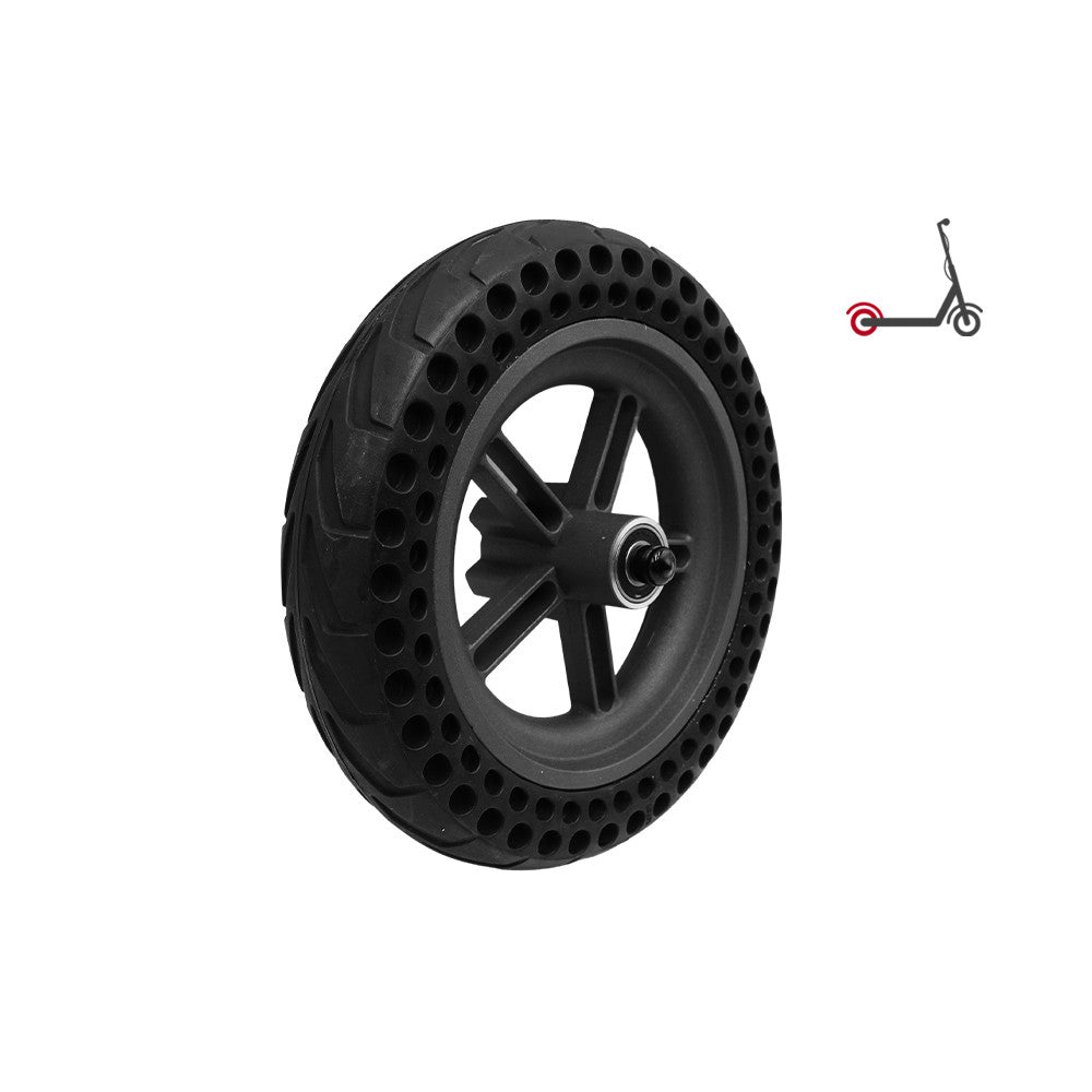 Roue arrière complète noire avec pneu plein alvéolé et jante vue de trois quarts
