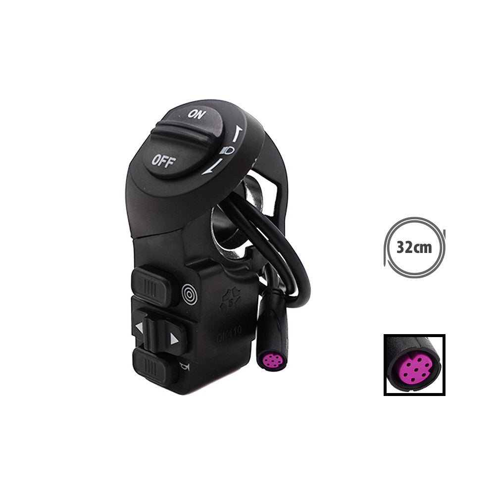 Commodo interrupteur noir pour trottinette électrique avec câble de 32 cm et connecteur rose à broches.