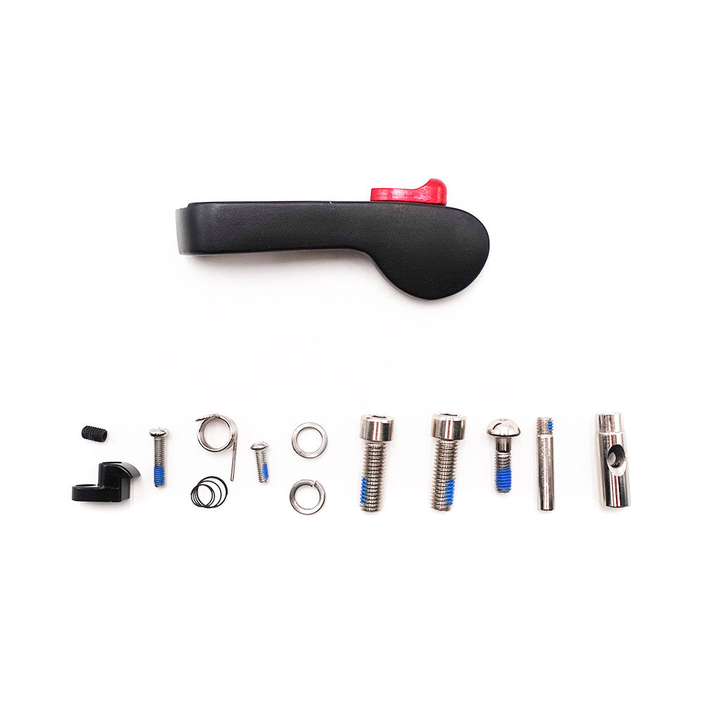 Kit de bloc de pliage noir avec loquet rouge et sa visserie sur fond blanc