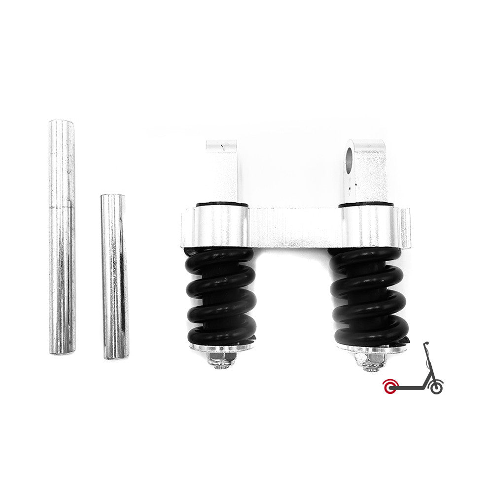 Suspension arrière double à ressorts noirs avec deux axes métalliques sur fond blanc