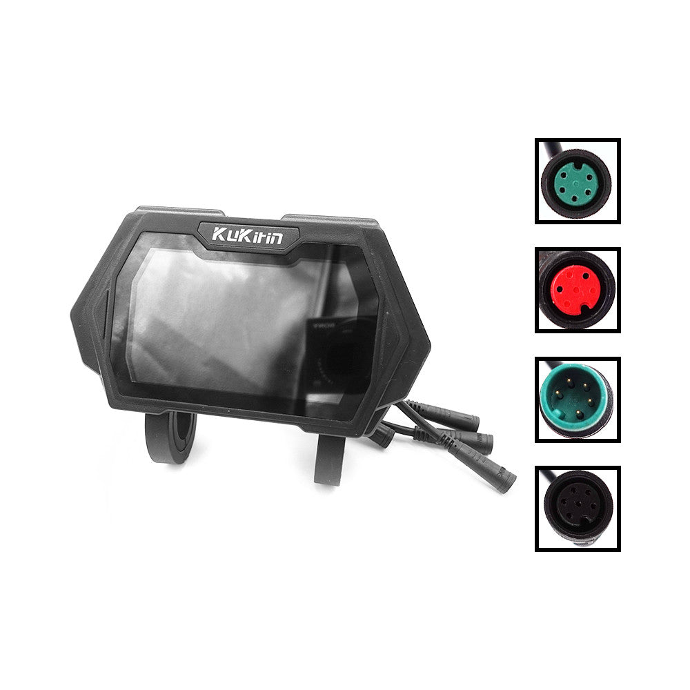Afficheur LCD noir KuKirin avec câbles de connexion et gros plan sur les prises étanches.