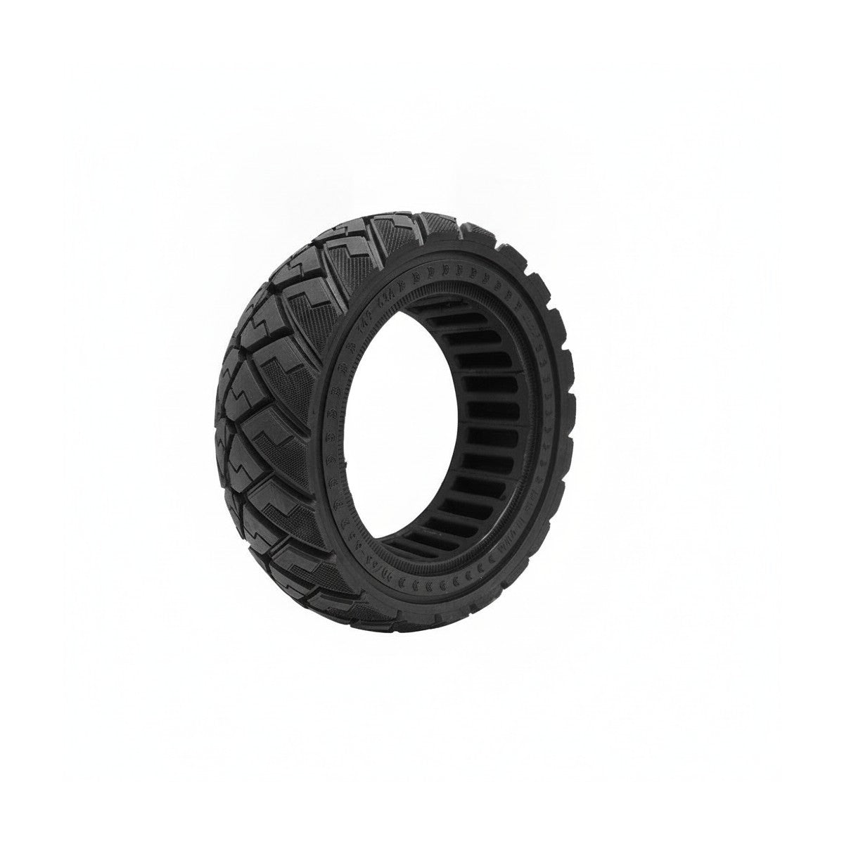 Pneu plein noir alvéolé 90/65-6.5 pour trottinette électrique vu de trois quarts
