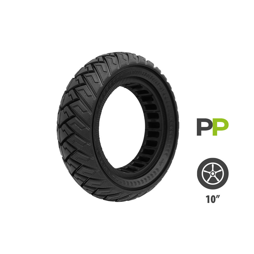 Pneu plein noir 10x3 (255x80) pour trottinette électrique vu de trois-quarts