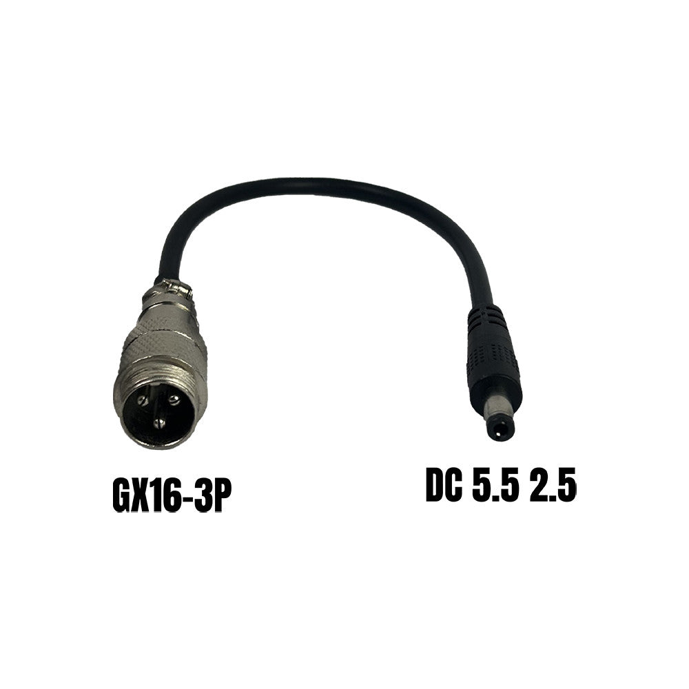 Câble adaptateur de charge noir avec connecteur GX16-3P mâle et embout DC 5,5 2,5 mm
