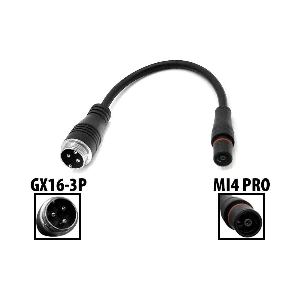Câble adaptateur de chargeur GX16 3 pins vers Mi4 Pro avec deux vignettes montrant les détails des connecteurs