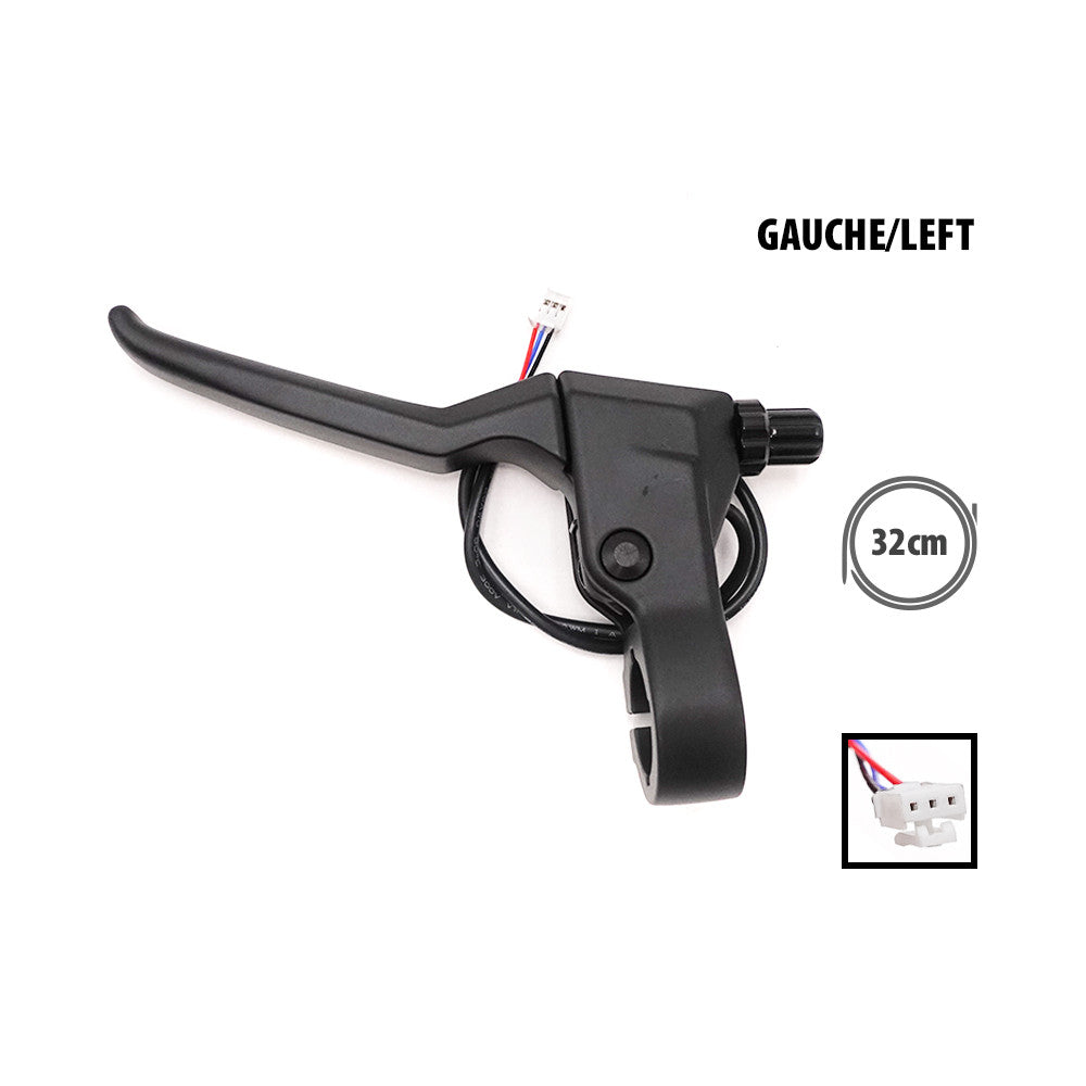Poignée de frein gauche noire avec câble et connecteur pour trottinette électrique sur fond blanc