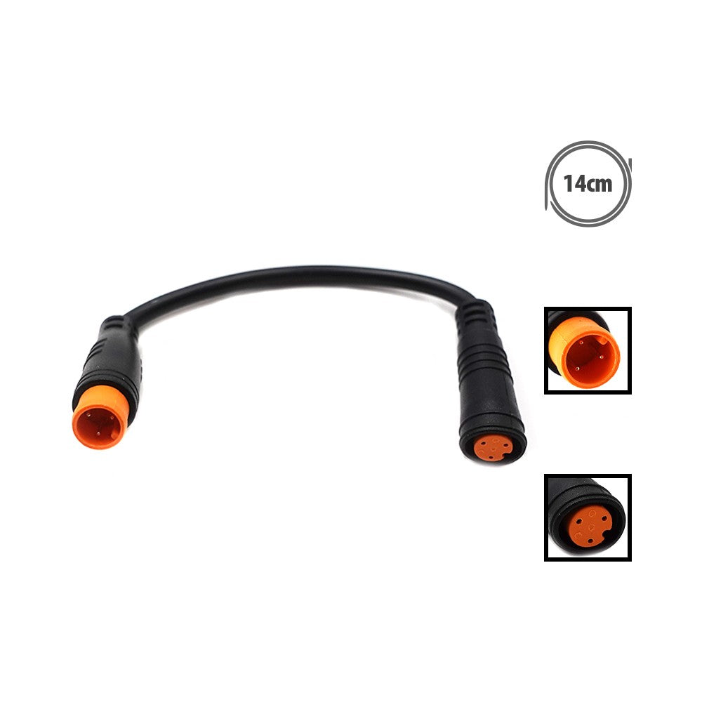 Câble adaptateur noir de 14 cm avec connecteurs étanches 3 pins mâle et femelle orange sur fond blanc