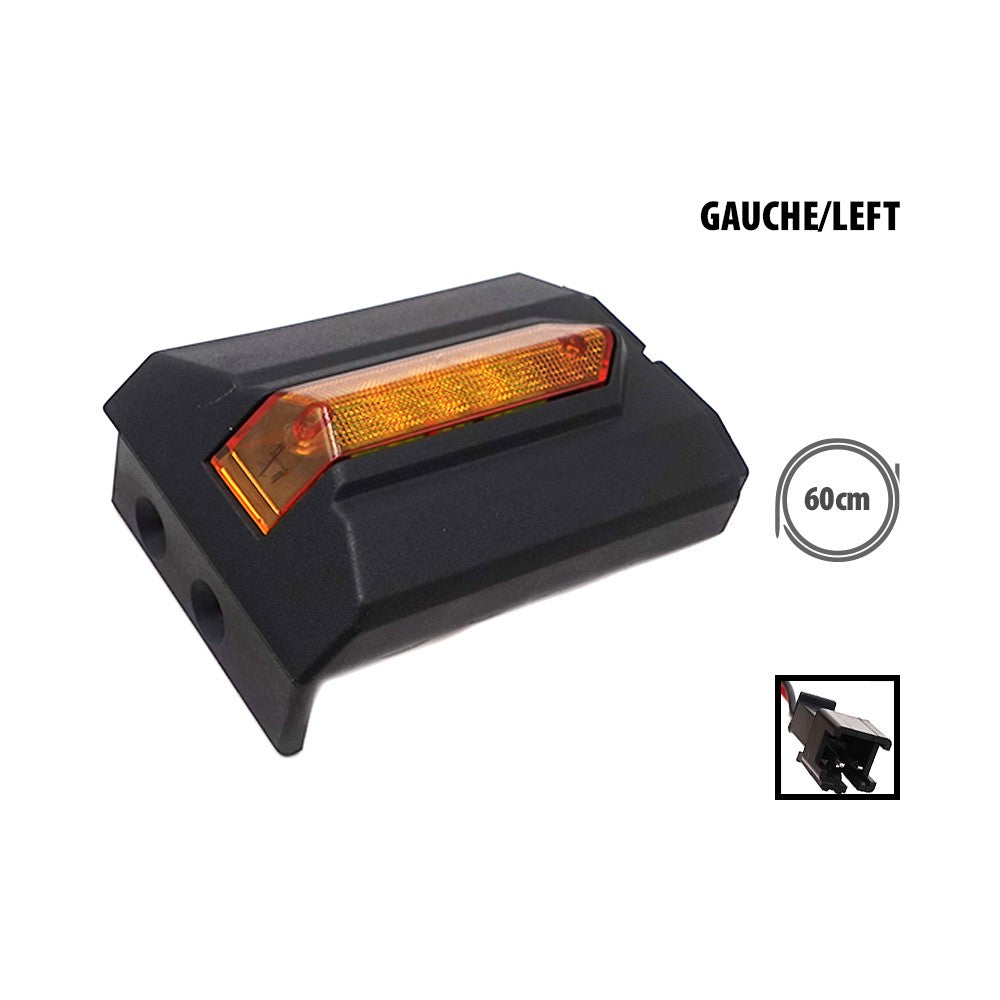 Module d'éclairage LED orange dans un boîtier noir de deck avec son câblage et connecteur.