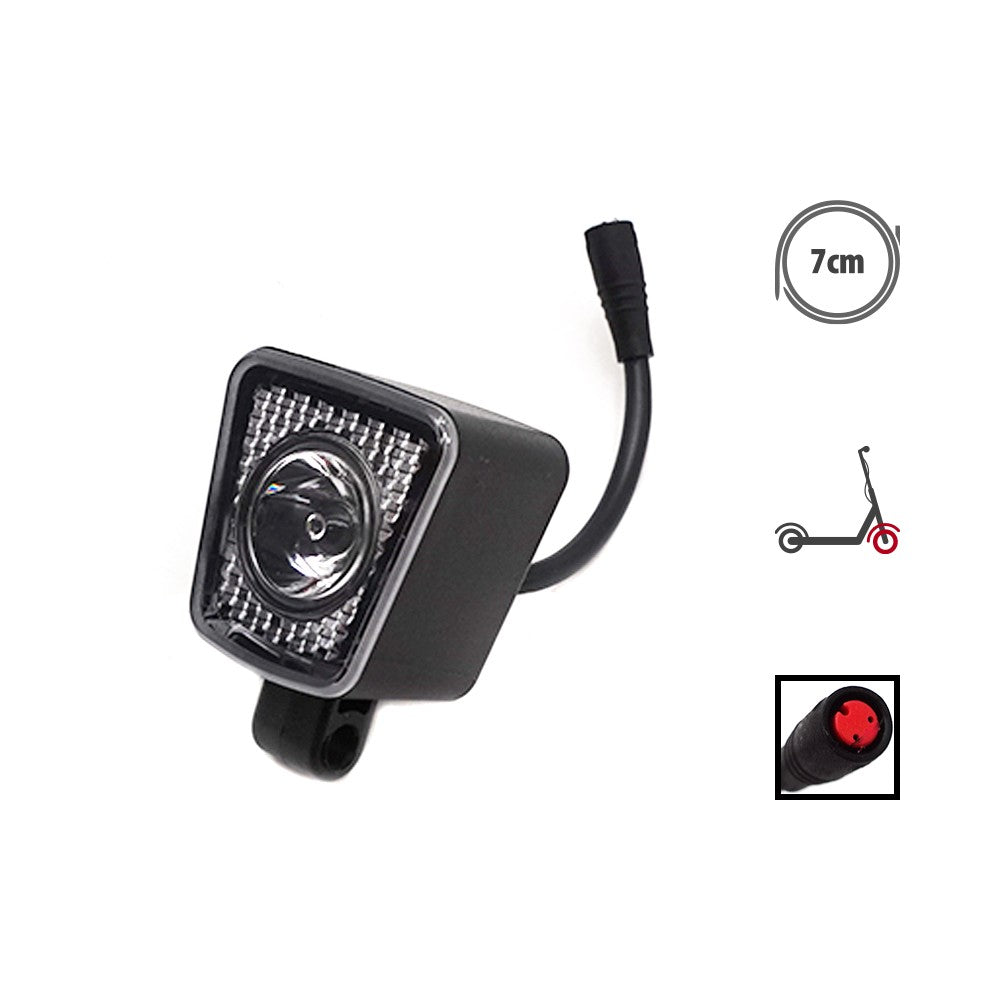Éclairage avant noir pour trottinette électrique avec son câble et connecteur