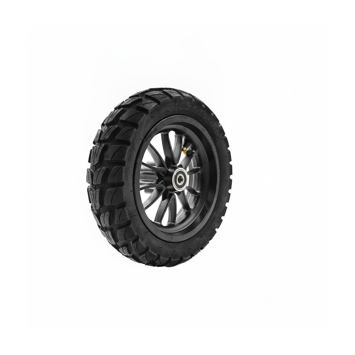 Roue avant complète 10x2.75-6.5 avec pneu tout-terrain et jante noire vue de trois quarts