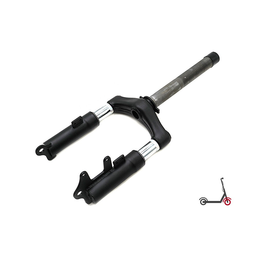 Fourche avant suspendue noire et argentée de trottinette électrique sur fond blanc