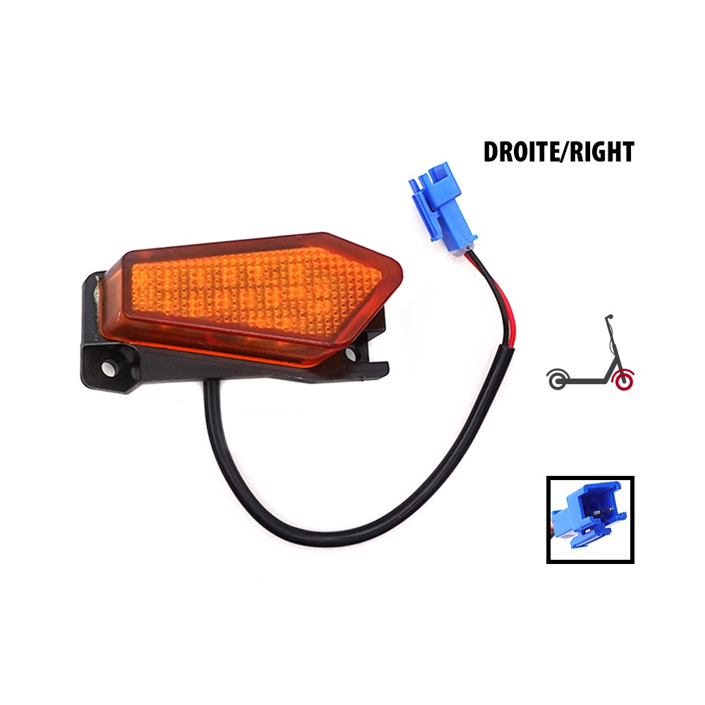 Feu avant droit orange pour trottinette électrique avec câble et connecteur bleu.