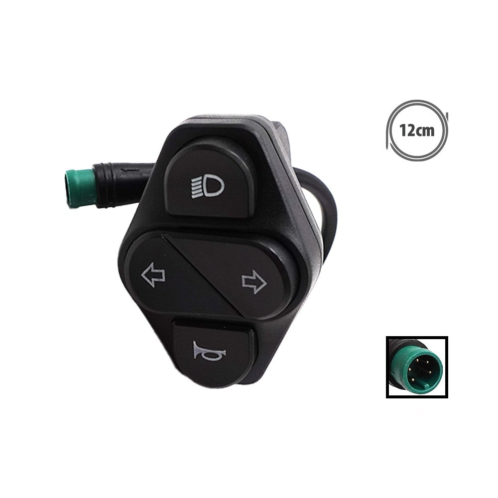 Commodo noir pour éclairage, clignotants et klaxon avec câble et connecteur vert 5 broches