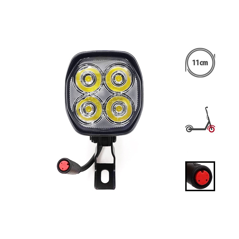 Phare avant LED noir à quatre optiques avec son support de fixation et son câble de connexion