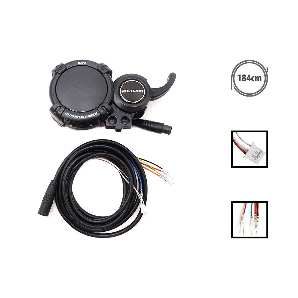 Afficheur LCD EY3 Rovoron noir avec gâchette d'accélération et son câble de connexion sur fond blanc