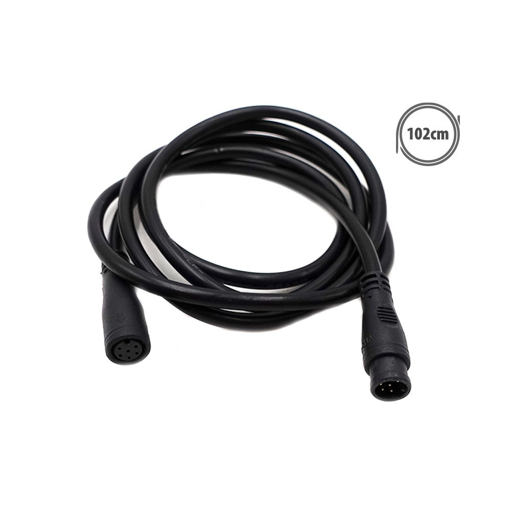 Câble étanche noir à 6 pins d'une longueur de 102 cm enroulé sur fond blanc