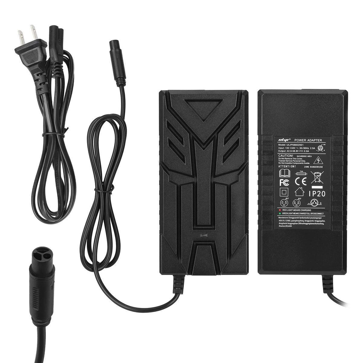Chargeur de trottinette électrique 58,8V 2A noir avec câbles et connecteur 3 broches