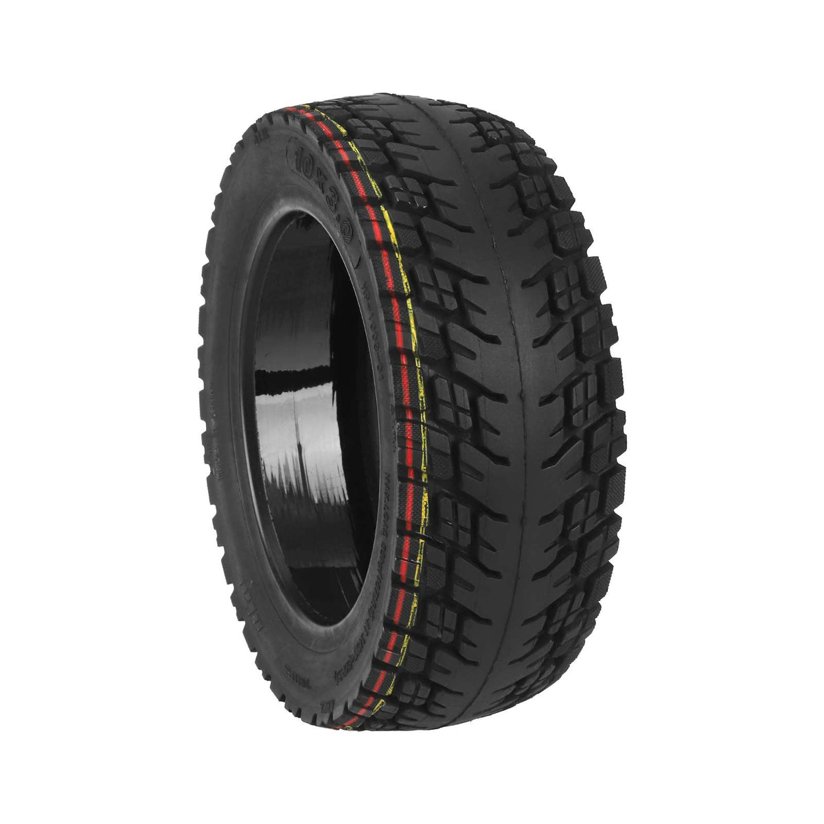 Pneu tubeless tout-terrain 10 pouces noir avec gel anti-crevaison vu en trois-quarts
