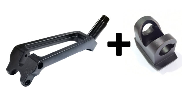 Colonne de direction noire et son support de fixation pour trottinette électrique Dualtron X séparés par un signe plus