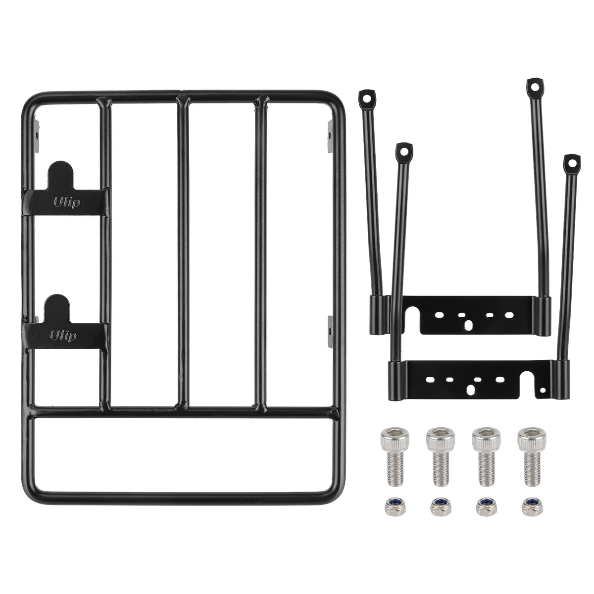 Porte-bagages arrière noir pour trottinette électrique avec ses pattes de fixation et vis