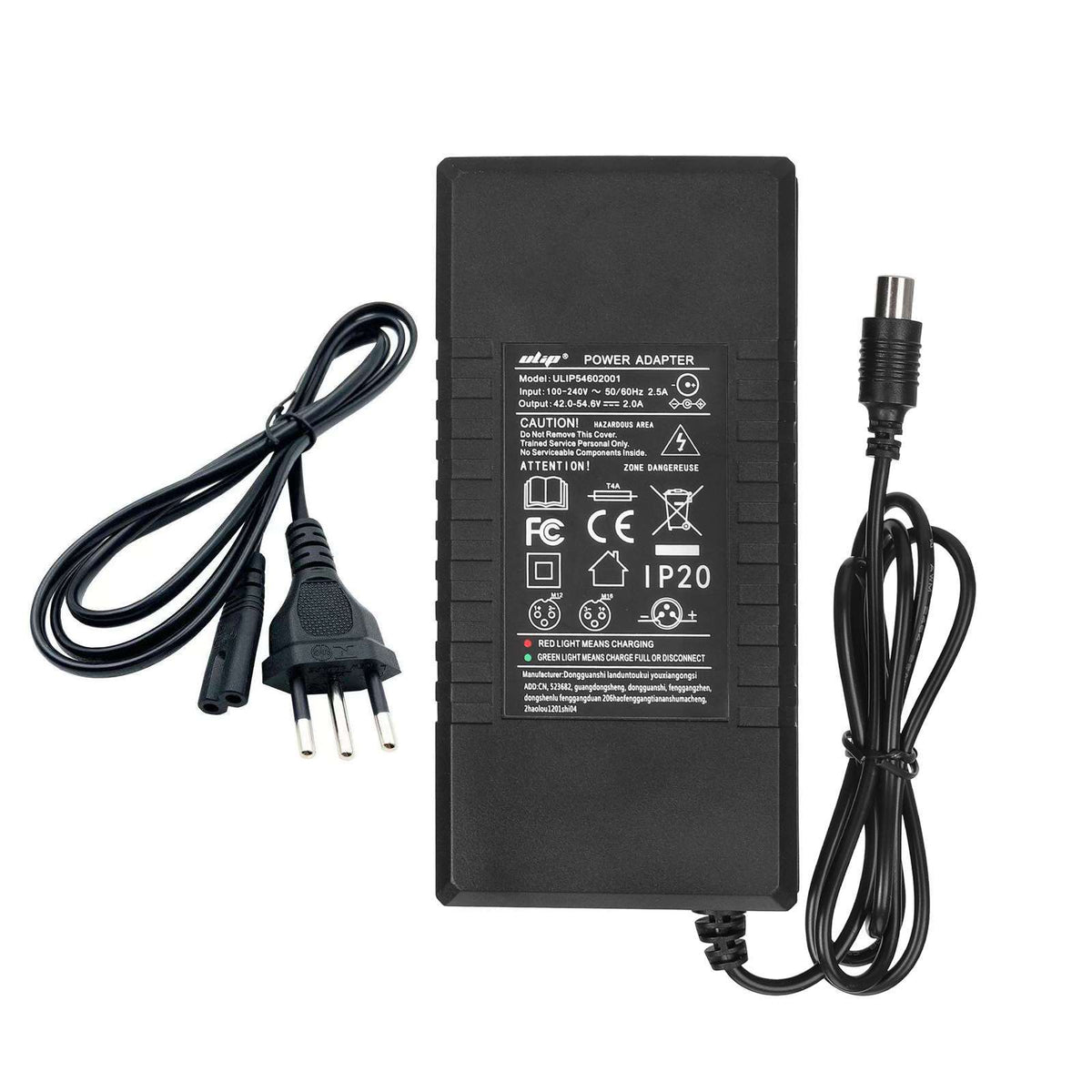 Chargeur noir 54,6V 2A avec connecteur type Xiaomi et prise secteur vu de face