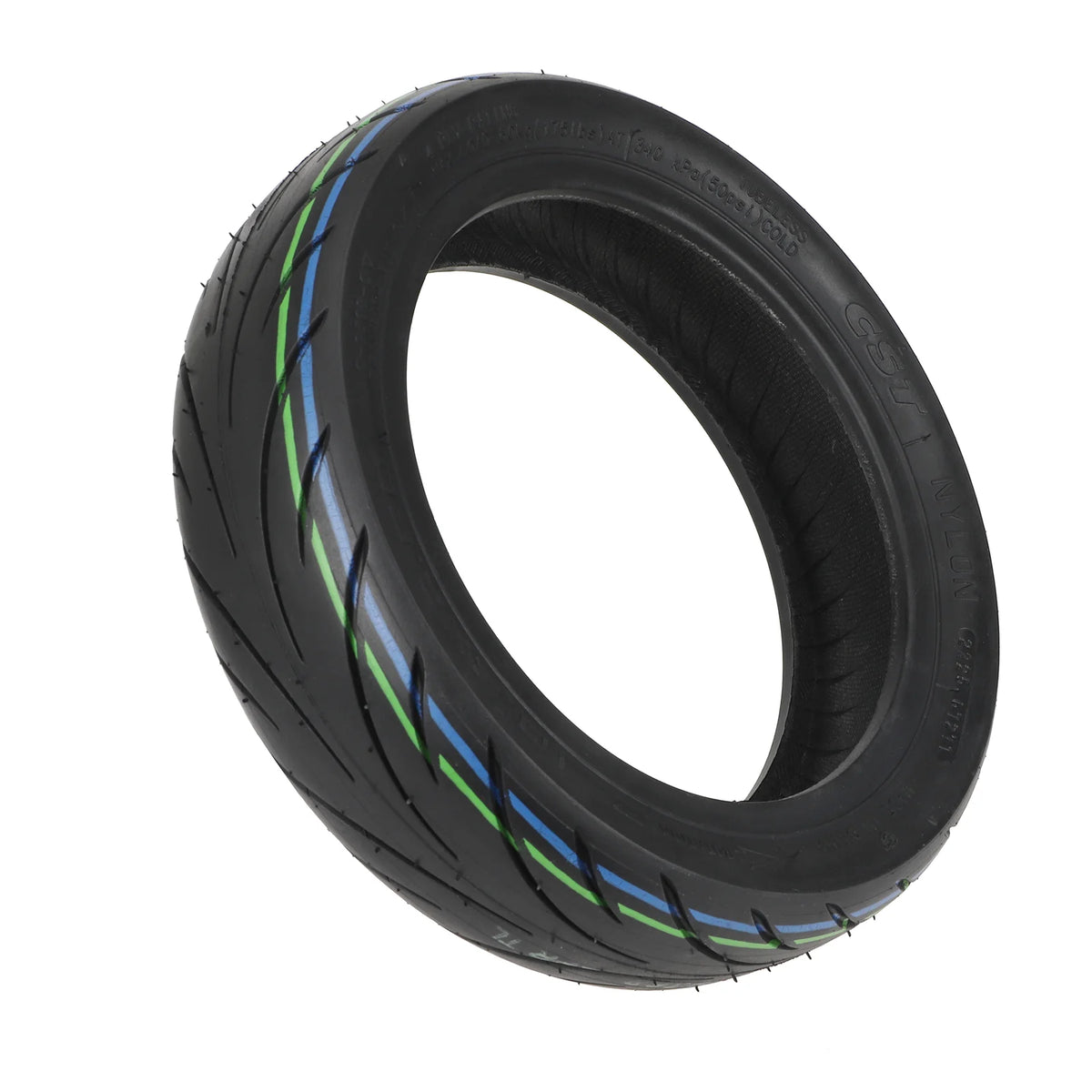 Pneu tubeless CST 10,5 pouces noir vu en trois quarts avec liserés bleu et vert