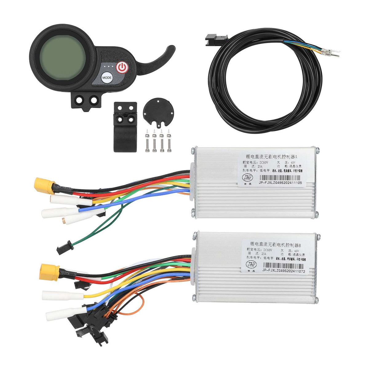 Ensemble comprenant deux contrôleurs JP 60V 25A, un afficheur LCD avec gâchette d'accélération et son câble de connexion