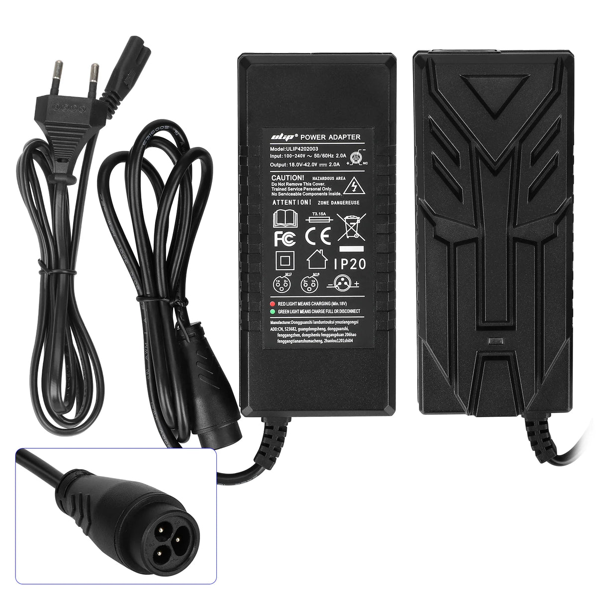Chargeur noir 42V 2A avec son câble secteur EU et sa prise 3 broches LP16