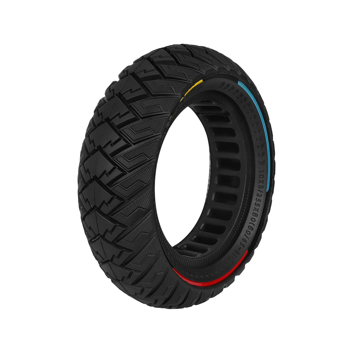 Pneu plein tout-terrain 10 pouces noir avec liseré tricolore vu de trois-quarts