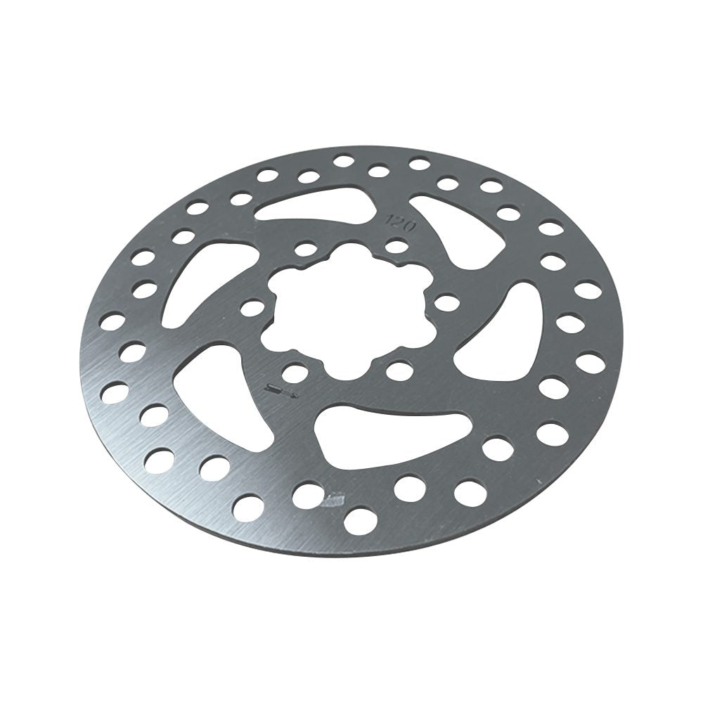 Disque de frein métallique perforé de 120 mm à 6 trous sur fond blanc