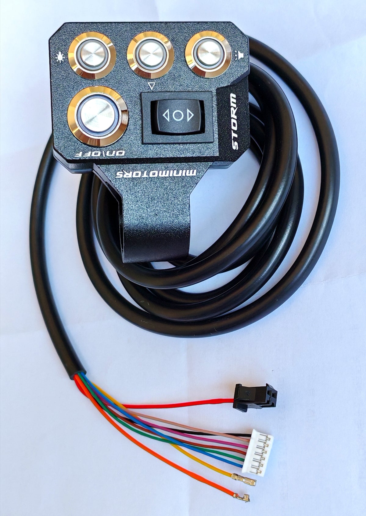 Commodo 5 fonctions noir Minimotors Storm avec son câble et ses connecteurs
