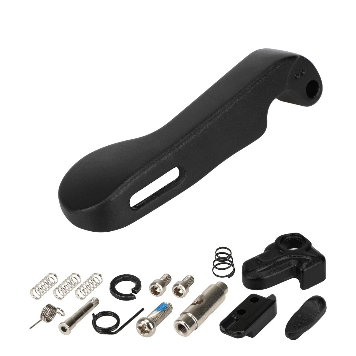 Levier du système de pliage noir pour trottinette électrique accompagné de ses vis et ressorts de fixation