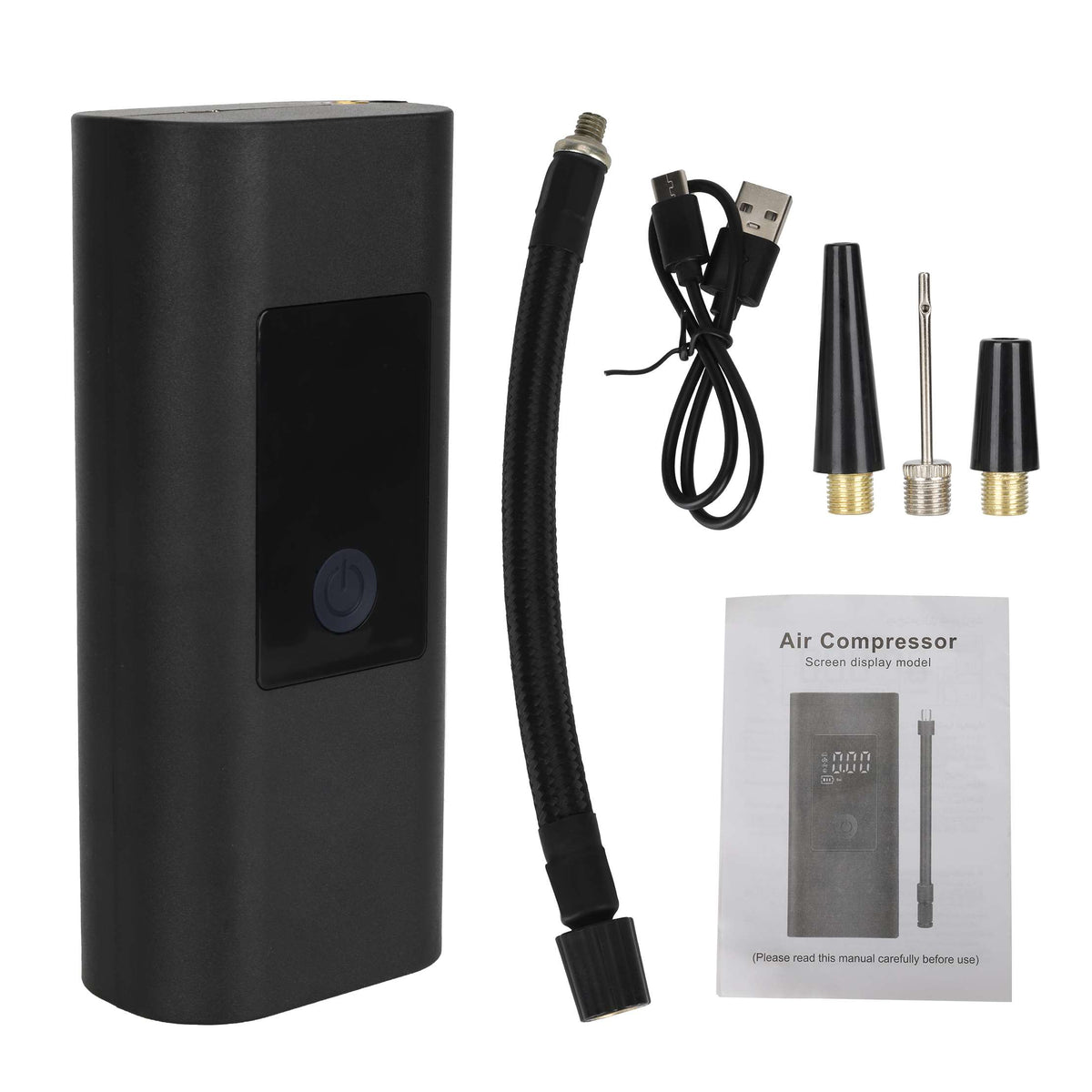 Pompe à air électrique portable noire avec écran digital, flexible d'inflation, câble USB et embouts