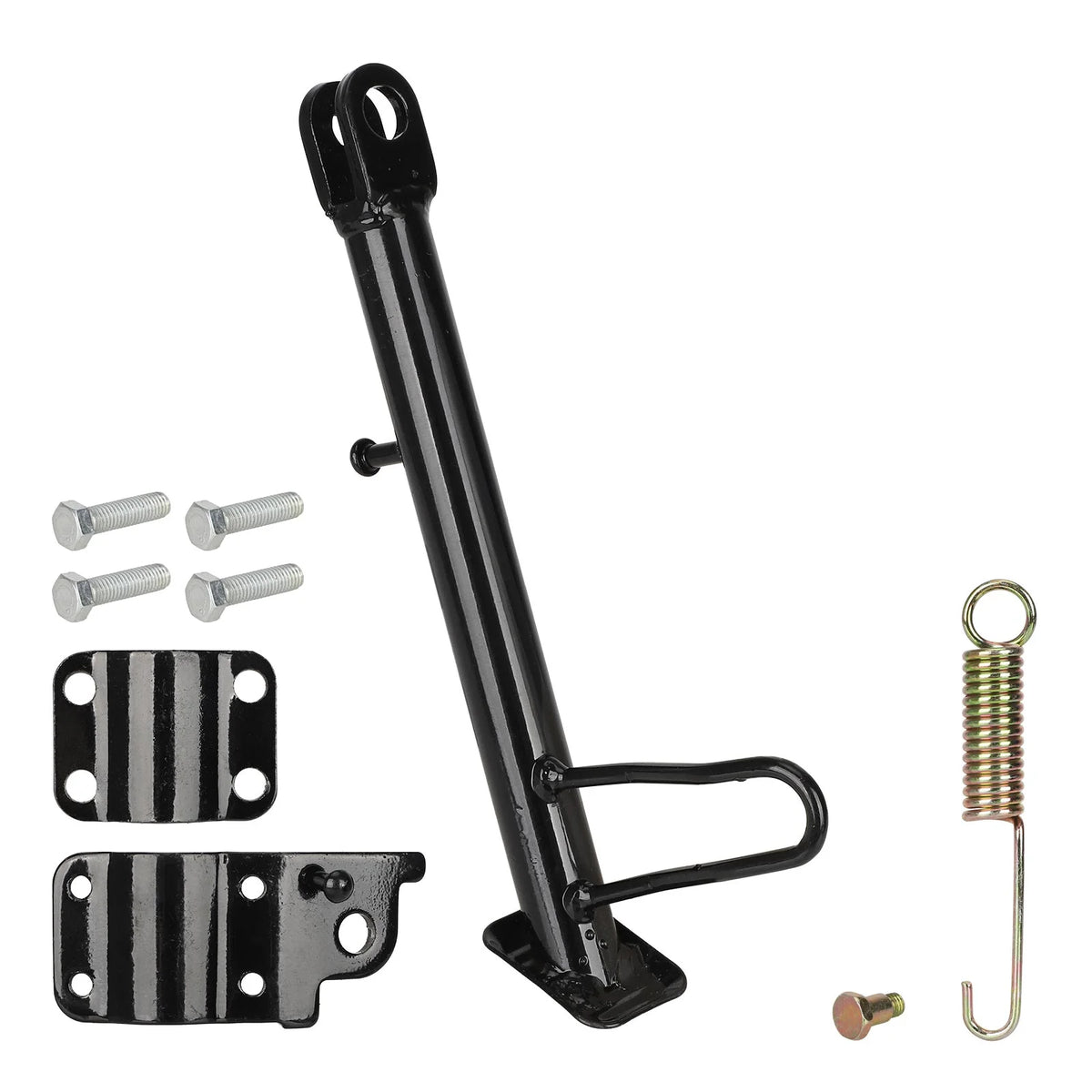 Béquille latérale noire de 22 cm avec son ressort et sa visserie de fixation