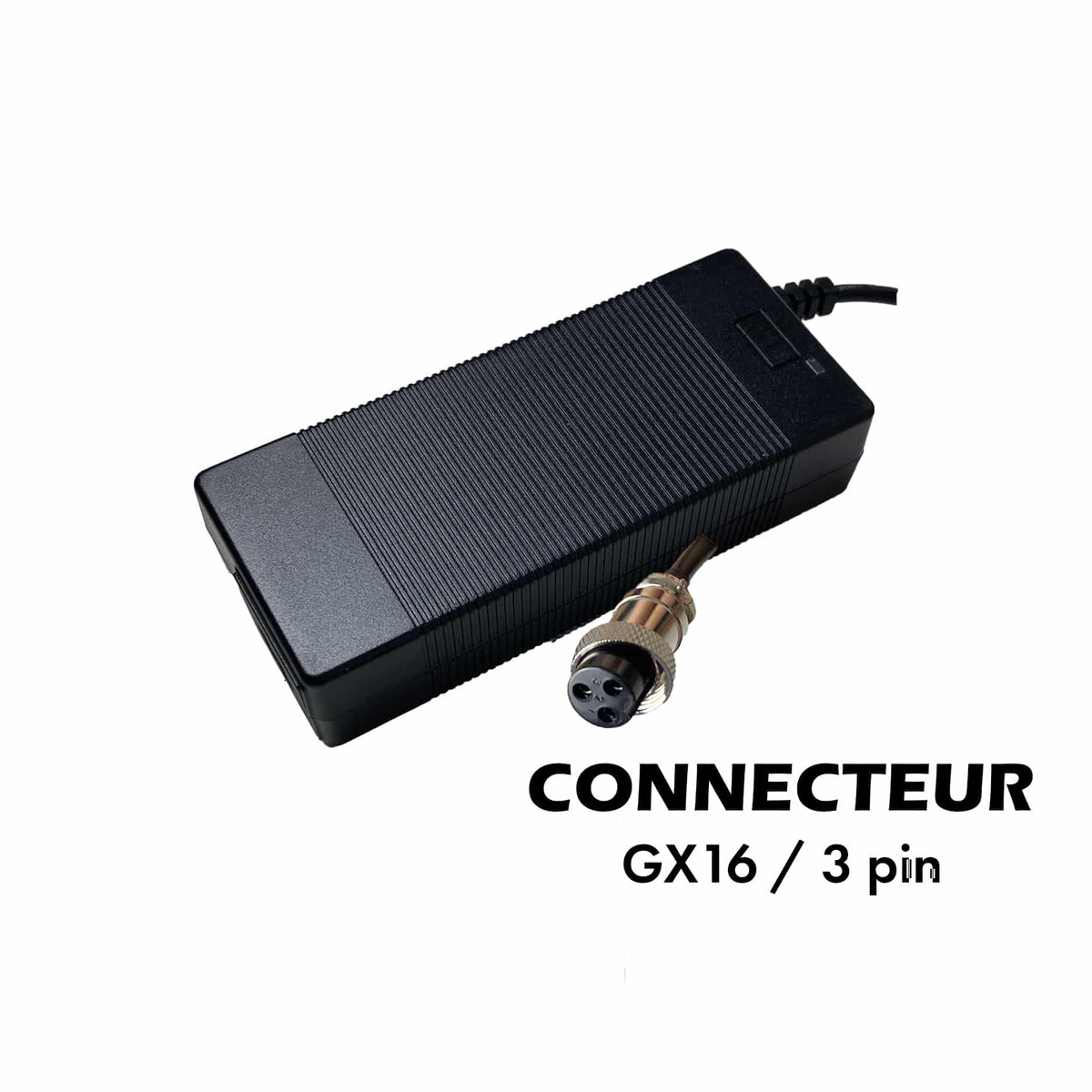 Chargeur noir 48V 2A pour trottinette électrique avec connecteur GX16 à 3 broches