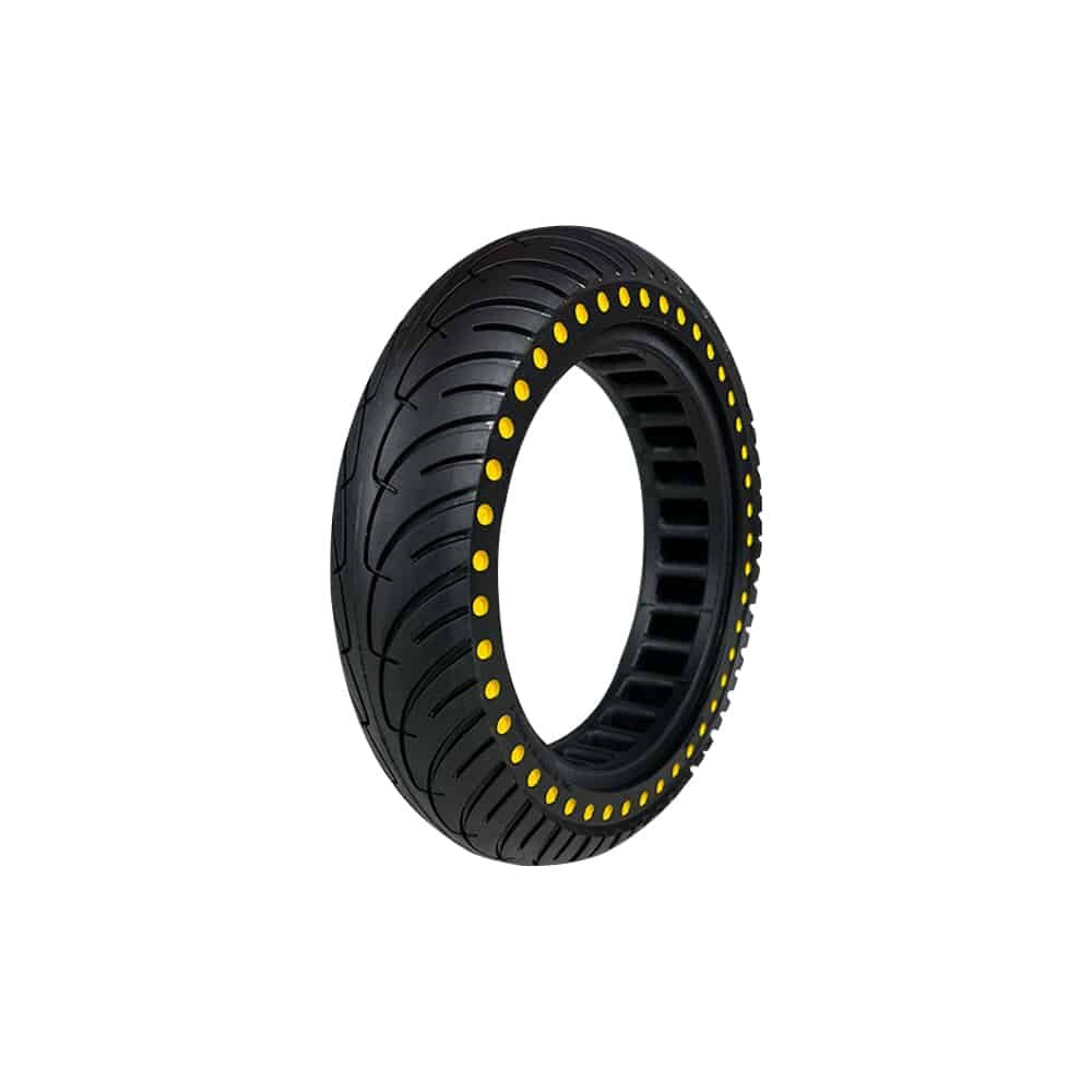 Pneu plein noir 8.5x2 alvéolé avec perforations jaunes vu de trois-quarts