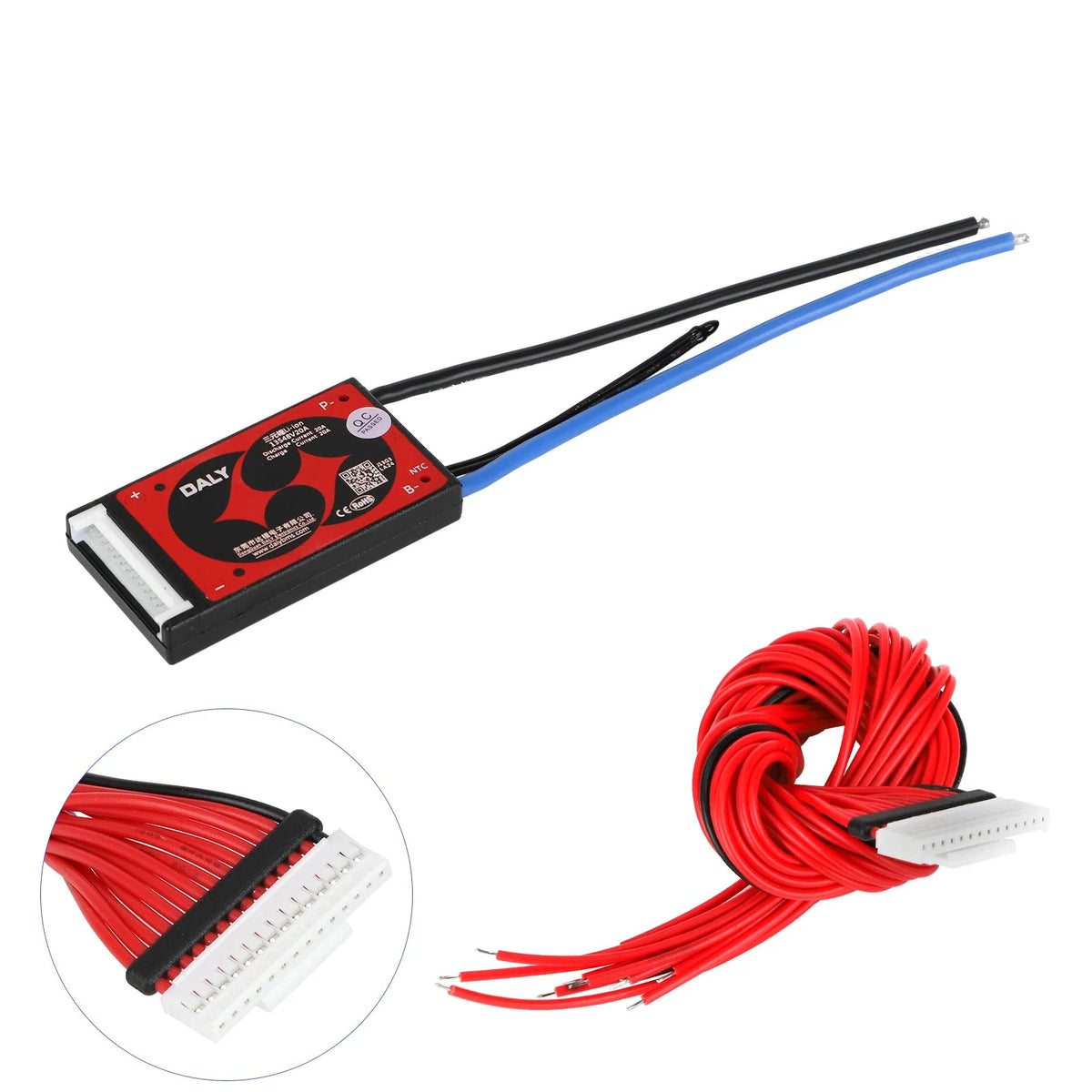 Carte de protection BMS Daly 48V 20A 13S avec son faisceau de câbles rouges