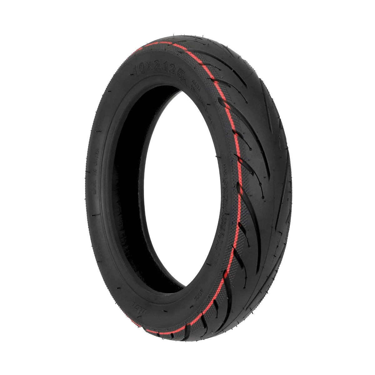 Pneu tubeless 10 pouces noir avec liseré rouge vu de trois quarts
