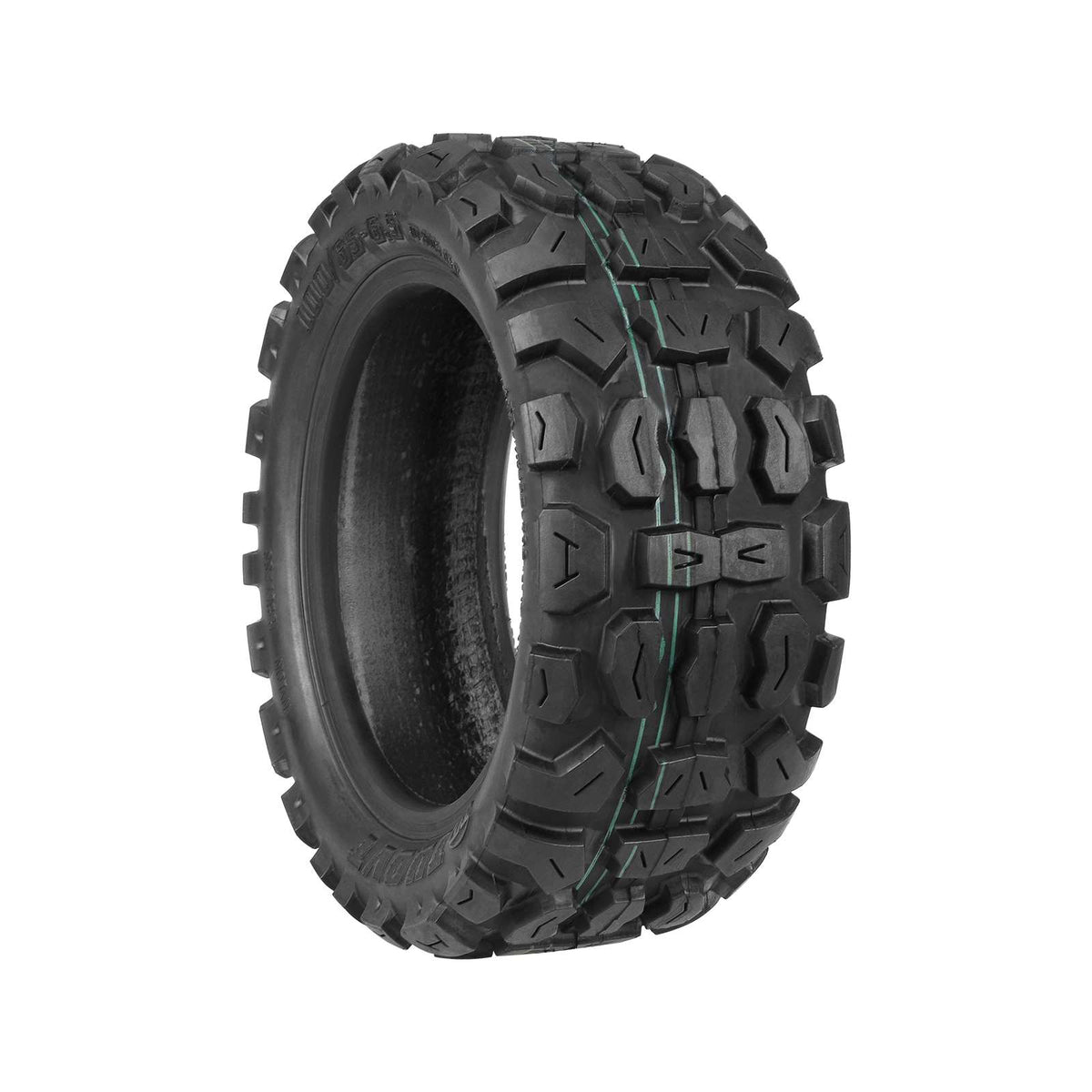 Pneu tubeless tout-terrain 10 pouces Tuovt avec ligne verte vu en trois quarts